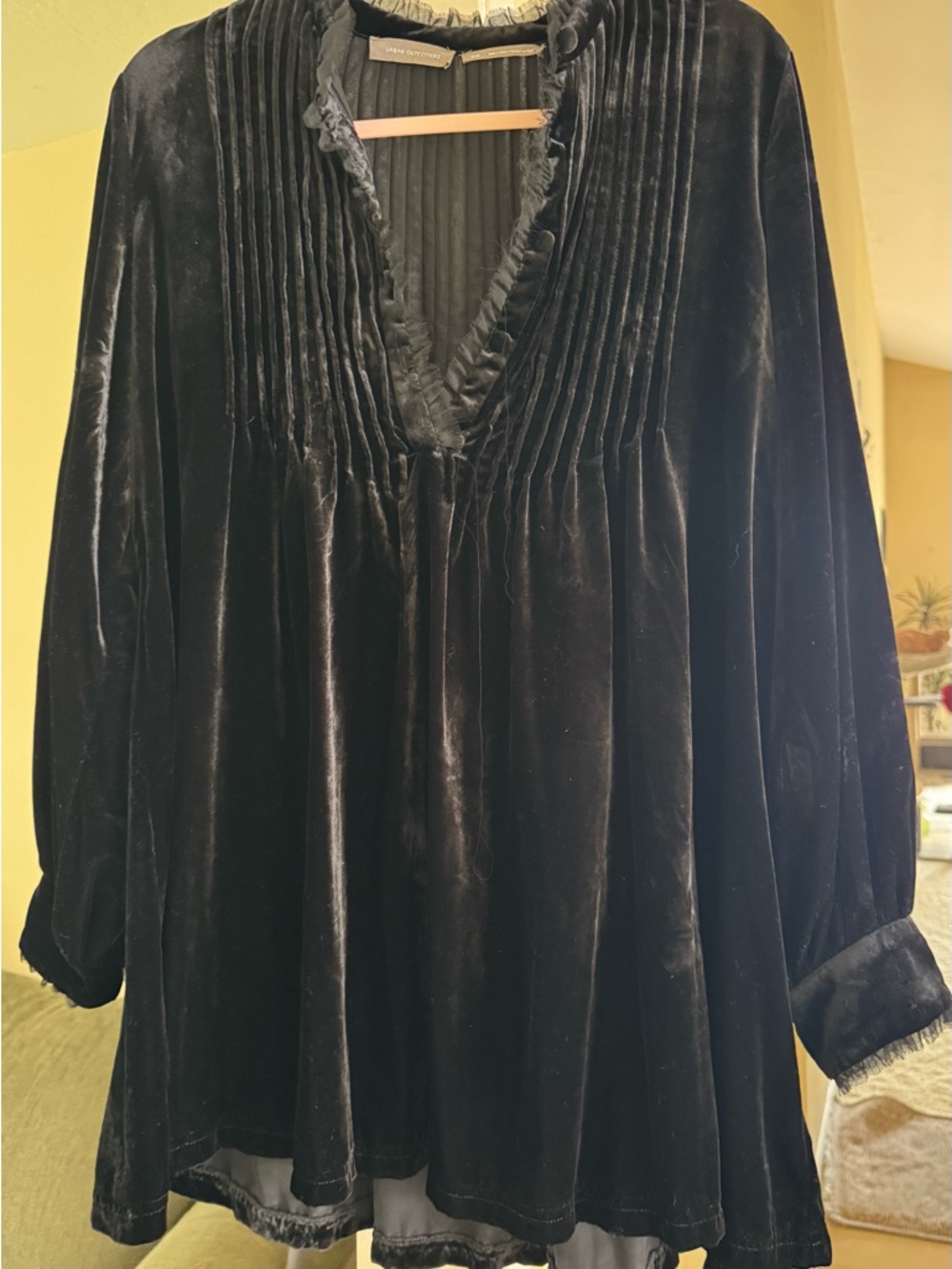 Urban Outfitters Black Velvet Pleated V-Neck Tunic